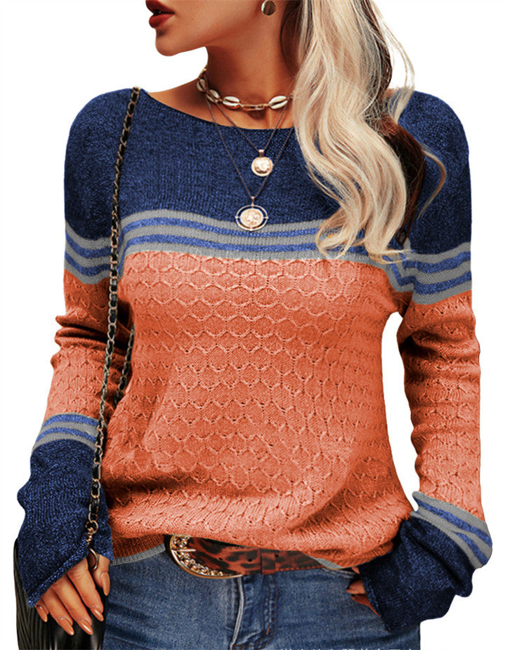 Pull tricoté à manches longues de style de trajet élégant col rond rayé bloc de couleur crochet fleur automne hiver nouveauté