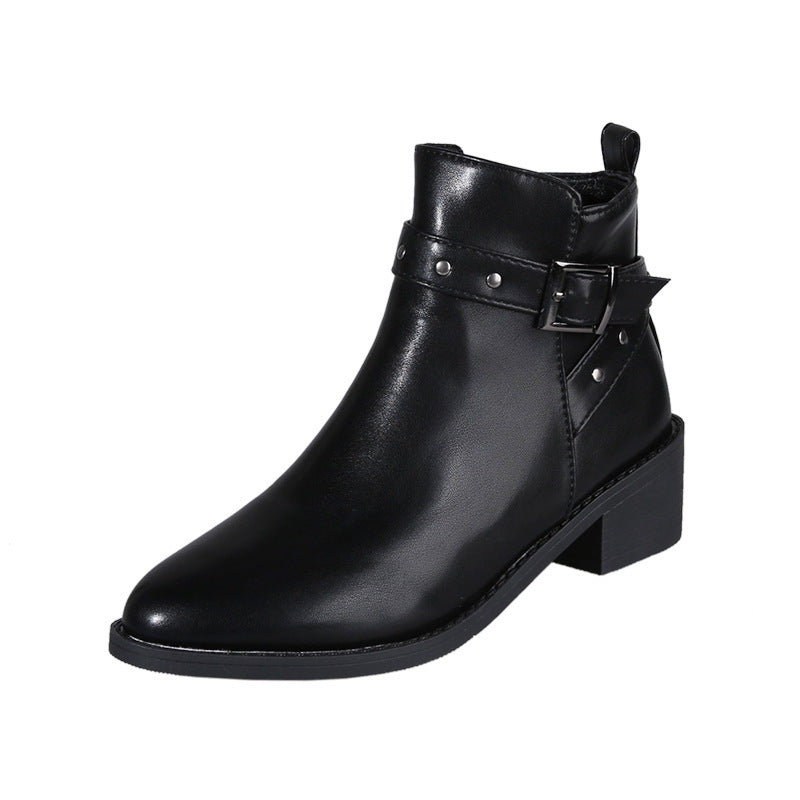 Retro Chunky Heel Studded Buckle Pointed Toe Martin Boots