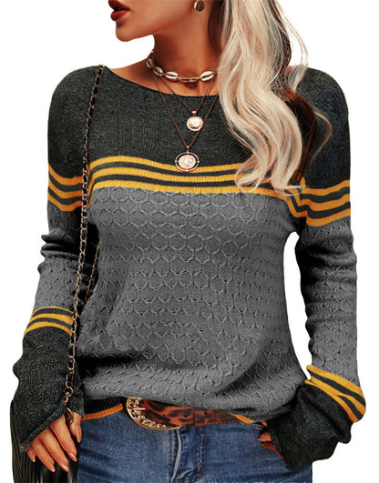 Pull tricoté à manches longues de style de trajet élégant col rond rayé bloc de couleur crochet fleur automne hiver nouveauté