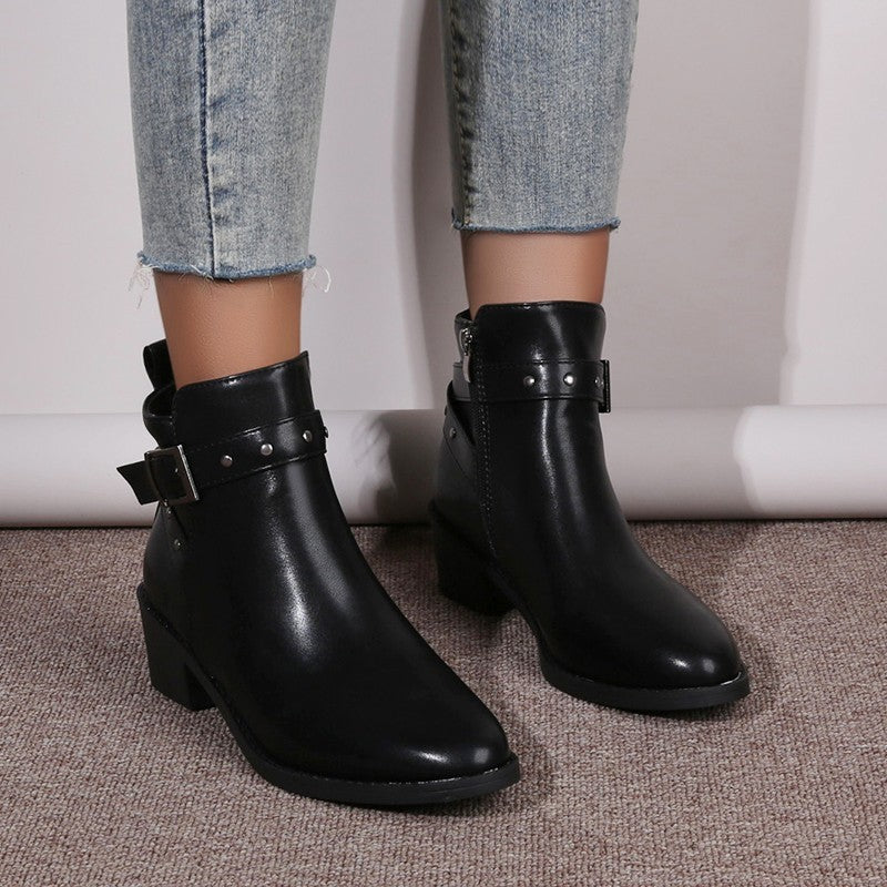 Retro Chunky Heel Studded Buckle Pointed Toe Martin Boots