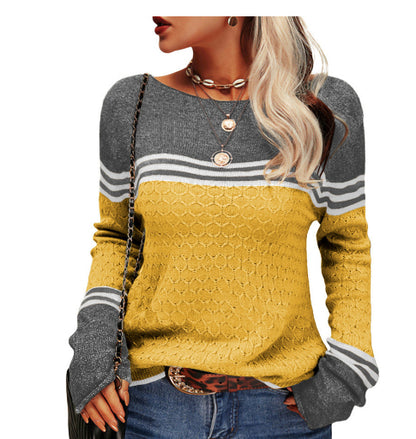 Pull tricoté à manches longues de style de trajet élégant col rond rayé bloc de couleur crochet fleur automne hiver nouveauté